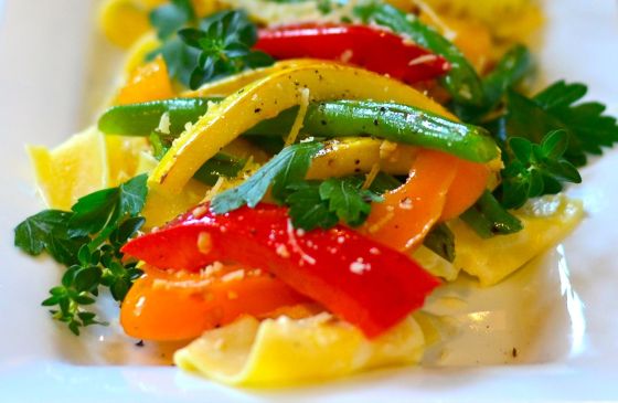 Garden vegetables with pappardalle pasta and light lemon alfredo sauce