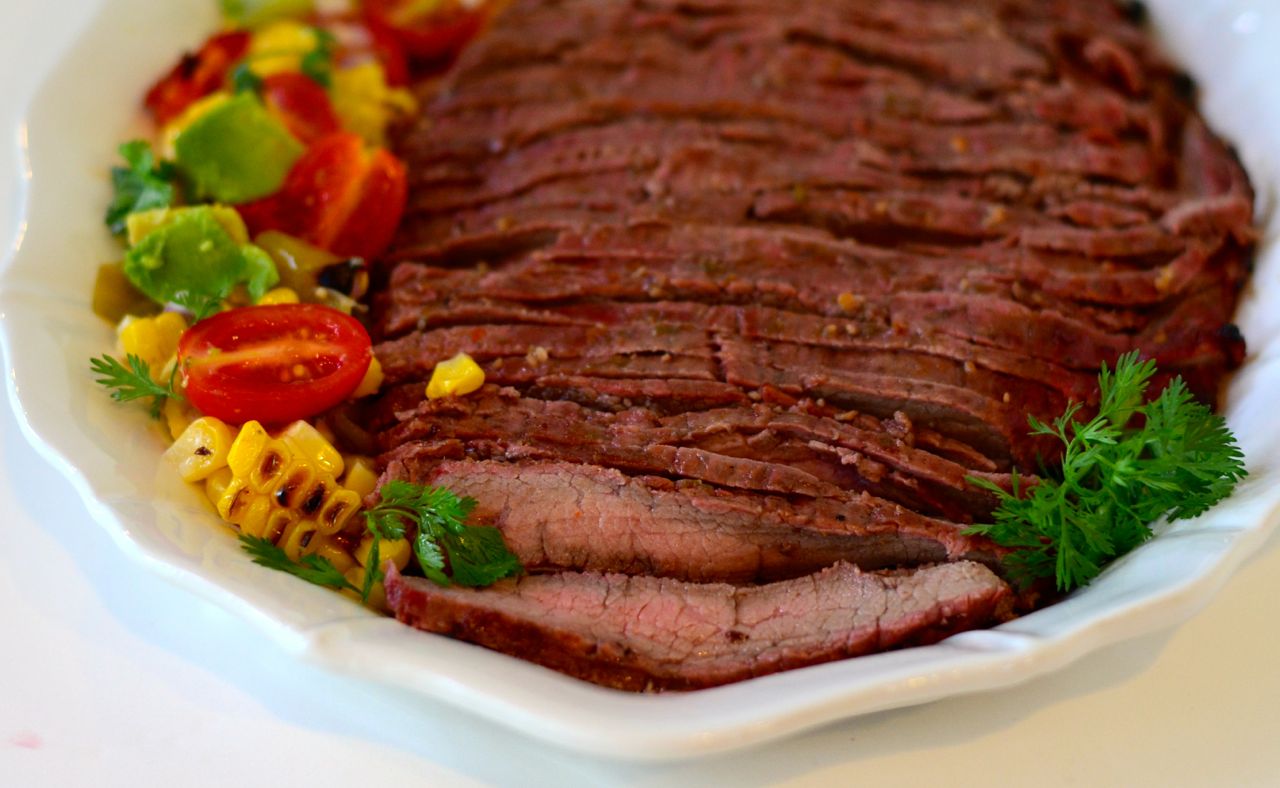 Margarita Flank Steak Tacos with Grilled Corn and Tomatillo Salsa